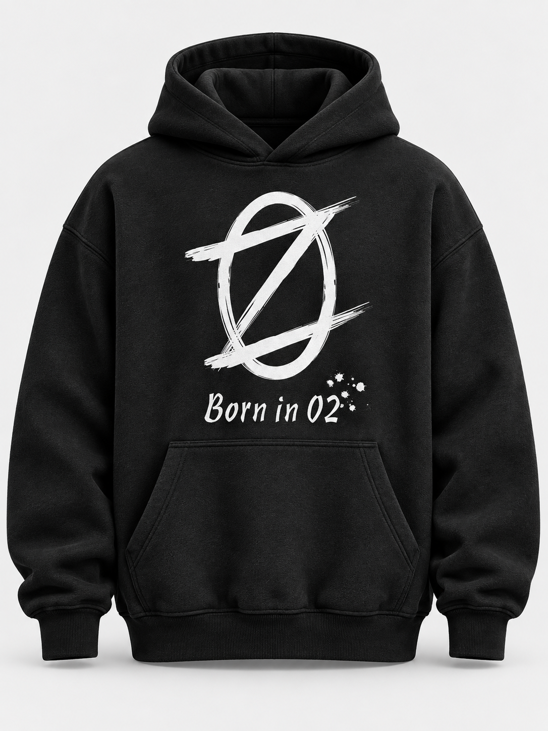 흰색 ZEROES 로고와 Born in 02 문구가 인쇄된 차콜 블랙 오버핏 후디